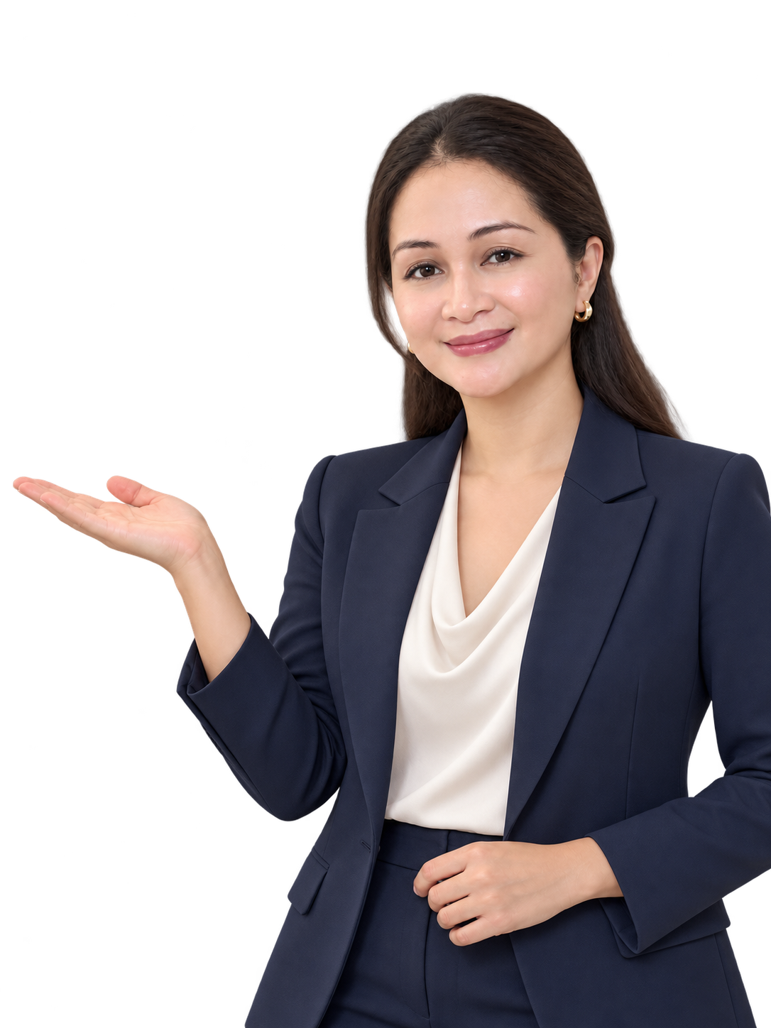 AI-generated adult Asian businesswoman smiling with a welcoming open-hand gesture